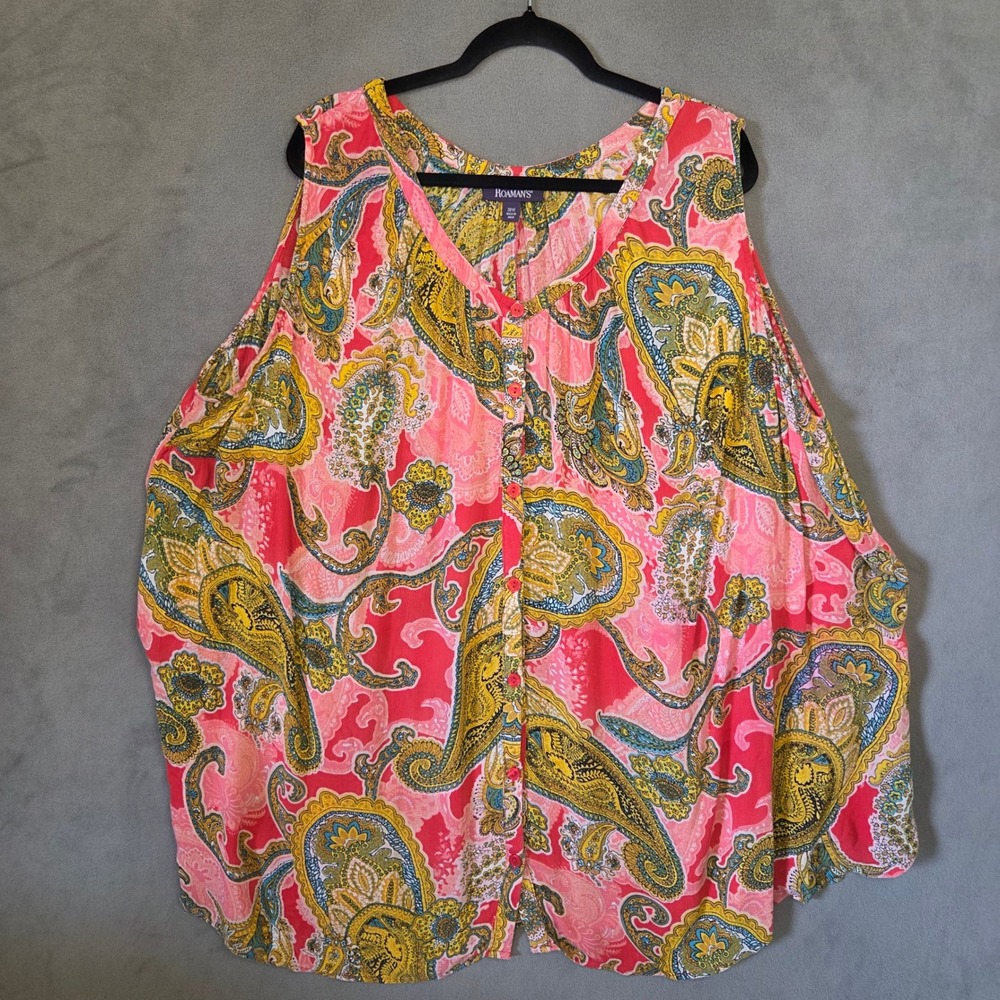 Roaman's Button Up Tank Top Women's‎ Size 30W Pink Paisley Boho Hippie Casual